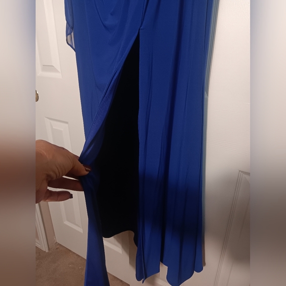 NWT! R&M Richards Cobalt Blue One-Shoulder Cape Gown With Rhinestone Detail - Picture 7 of 13